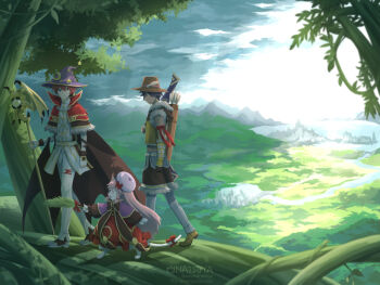 1girl 2boys armband arrow_(projectile) bow bow_(weapon) bowtie brown_bow brown_bowtie brown_eyes brown_footwear brown_gloves brown_hair brown_headwear brown_shirt brown_shorts brown_wings capelet cat_girl city closed_mouth cloud cloudy_sky commentary_request crescent crescent_hat_ornament crop_top day dress expressionless fingerless_gloves forest full_body fur-trimmed_capelet fur-trimmed_gloves fur-trimmed_shirt fur-trimmed_shorts fur_trim gloves grey_pants hat hat_feather hat_ornament high_collar high_wizard_(ragnarok_online) highres holding holding_bow_(weapon) holding_staff holding_weapon leaf light_beam long_hair mountainous_horizon multiple_boys natsuya_(kuttuki) nature open_mouth outdoors pants pants_under_shorts pink_hair print_headwear purple_capelet purple_hat quiver ragnarok_online red_capelet red_dress red_hair shirt shoes shorts sky sleeveless sleeveless_shirt smile sniper_(ragnarok_online) staff star_(symbol) star_print summoner_(ragnarok_online) tree two-tone_gloves two-tone_shirt very_long_hair walking weapon white_footwear white_gloves white_headwear white_pants white_shirt wings witch_hat yellow_gloves yellow_shirt