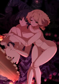 Rule 34 | 1boy, 1girl, absurdres, anime coloring, behind another, bent over, black background, black flower, black hair, black rose, blonde hair, blunt ends, candlelight, closed eyes, closed mouth, collarbone, completely nude, couple, curly ends, doll, doll joints, drill hair, drill sidelocks, dutch angle, facing another, flower, genshin impact, hetero, highres, holding, holding flower, hug, hug from behind, joints, knees together feet apart, navel, nude, oc x canon, original, parted bangs, pippicetta, puppet, purple eyes, purple pupils, rose, rosetta (pippicetta), short hair, sidelocks, slime (substance), smile, split mouth, tsurime, wispy bangs