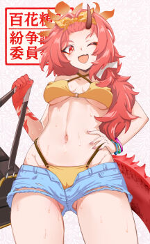1girl absurdres ankomochi142 bag bikini bikini_bottom_under_shorts bikini_under_clothes blue_archive breasts colored_extremities commentary_request covered_erect_nipples cowboy_shot criss-cross_halter denim denim_shorts dragon_girl dragon_horn dragon_tail fang from_below gluteal_fold hairband halterneck highleg highleg_bikini highres holding holding_bag long_hair looking_at_viewer medium_breasts micro_shorts navel o-ring o-ring_bikini one_eye_closed open_clothes open_mouth open_shorts orange_hairband pink_nails red_eyes red_hair red_hands red_tail renge_(blue_archive) renge_(swimsuit)_(blue_archive) shorts skin_fang solo standing stomach sweat swimsuit tail very_sweaty yellow_bikini