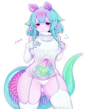 >_< 1girl absurdres antennae aqua_hair blush bone breasts colored_skin commentary cowboy_shot crop_top detached_sleeves highres houndeater intestines large_breasts monster_girl original panties pink_skin ribs see-through_body sideboob simple_background sleeveless sleeveless_turtleneck slug_girl slug_tail solo tail thighhighs turtleneck underwear untranslatable_commentary white_panties