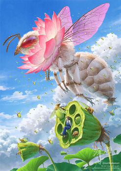 1other blue_sky bug cloud commentary_request creature day flower hat lotus nurikabe_(mictlan-tecuhtli) original sitting sky straw_hat wasp