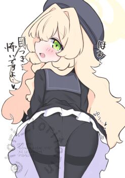 1girl :d ass bent_over beret black_dress black_hat black_pantyhose black_sailor_collar black_serafuku black_shirt black_skirt blonde_hair blue_archive blush commentary_request dress frilled_dress frilled_skirt frills from_behind green_eyes grey_hat grey_sailor_collar hair_between_eyes hair_intakes hair_over_shoulder halo hat highres kujou_karasuma leaning_forward loli long_hair looking_at_viewer looking_back open_mouth panties panties_under_pantyhose pantyhose presenting presenting_ass professor_niyaniya_(blue_archive) sailor_collar school_uniform serafuku shirt simple_background skirt smile solo thighband_pantyhose thighs translation_request underwear very_long_hair watermark wavy_hair white_background white_panties yellow_halo