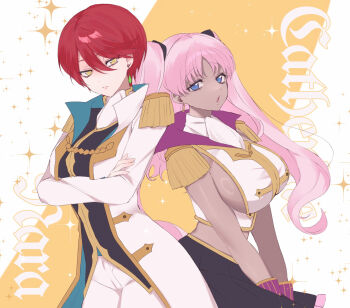 2girls blue_eyes breasts catherine_sabathra code_geass code_geass:_dakkan_no_roze earrings highres jewelry large_breasts long_hair midriff multiple_girls pink_hair red_hair sideboob twintails yellow_eyes
