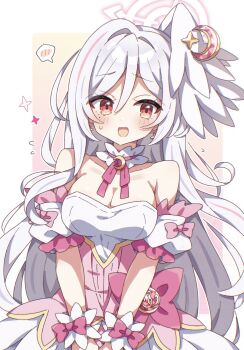 1girl armlet blue_archive blush bow bowtie bracelet breasts commentary_request crescent crescent_hair_ornament crescent_moon dress hair_between_eyes hair_ornament halo hi_(pontolfo) highres jewelry long_hair looking_at_viewer medium_breasts moon necklace pink_bow pink_bowtie pink_halo red_eyes simple_background smile solo star_(symbol) suzumi_(blue_archive) sweat sweatdrop very_long_hair white_hair