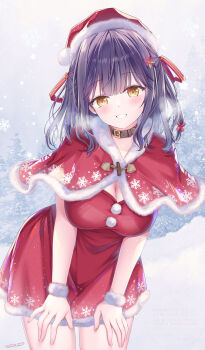 Rule 34 | 1girl, black collar, black hair, blush, breasts, brown eyes, capelet, christmas, cleavage, collar, commentary request, day, dress, fur-trimmed capelet, fur-trimmed dress, fur-trimmed headwear, fur trim, hair ribbon, hands on own thighs, hat, highres, large breasts, leaning forward, long hair, looking at viewer, nanami yuuno, outdoors, overcast, red capelet, red dress, red ribbon, ribbon, santa costume, santa hat, signature, sky, smile, snowflakes, snowing, solo, sousouman, twinbox school