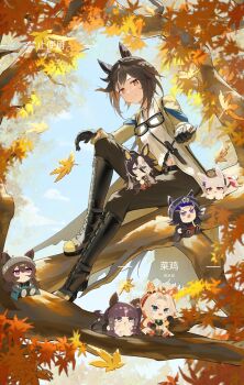 6+girls :p anger_vein animal_ears autumn_leaves beanie black_hair blue_eyes blunt_bangs boots bow branch brown_eyes brown_hair cai_ji_(user_jmrv4342) closed_mouth coat crossed_arms day dream_journey_(umamusume) ear_bow ear_covers ear_ornament ears_through_headwear eyebrows_hidden_by_hair fenomeno_(umamusume) floating_hair full_body glasses goggles goggles_around_neck gold_ship_(umamusume) grey_hair hair_between_eyes hat highres horse_ears horse_girl horse_tail horseshoe_hat_ornament horseshoe_ornament in_tree knee_up knife knife_sheath lace-up_boots leaf light_smile long_hair long_sleeves looking_at_another looking_at_viewer lucky_lilac_(umamusume) lying maple_leaf midriff_peek mini_person minigirl multicolored_hair multiple_girls nakayama_festa_(umamusume) navel on_stomach open_clothes open_coat open_mouth orfevre_(control)_(umamusume) orfevre_(umamusume) outdoors pants peaked_cap pillbox_hat pink_eyes purple_eyes semi-rimless_eyewear sheath shirt_partially_tucked_in short_hair sitting sitting_in_tree sitting_on_branch sitting_on_leg sitting_on_person size_difference skirt smile stay_gold_(umamusume) stay_gold_clan_(umamusume) tail tongue tongue_out tree tube umamusume under-rim_eyewear v-shaped_eyebrows wind