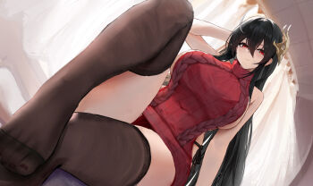 Rule 34 | 1girl, absurdres, ahoge, alternate costume, aran sweater, arm up, azur lane, bare shoulders, black hair, blush, breasts, brown thighhighs, cable knit, cleavage, commentary request, covered navel, curtains, day, dress, dutch angle, feet, hair between eyes, highres, huge breasts, indoors, large breasts, legs, long hair, looking at viewer, mask, mask on head, nail polish, naked sweater, red eyes, red nails, red sweater, sideboob, sitting, smile, solo, sunlight, suo bu ye feng, sweater, sweater dress, taihou (azur lane), thighhighs, thighs, toenail polish, toenails, toes, turtleneck, turtleneck sweater, very long hair, virgin killer sweater, zettai ryouiki