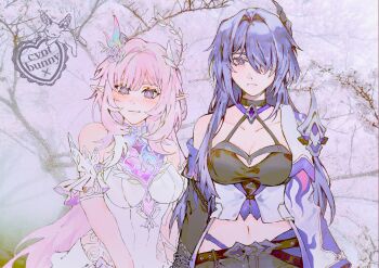 2girls acheron_(honkai:_star_rail) artist_logo bare_shoulders black_shorts breasts cleavage commentary crop_top ctnplant cyrene_(honkai:_star_rail) cyrene_(ripples_of_past_reverie)_(honkai:_star_rail) diamond-shaped_pupils diamond_(shape) dress english_commentary flower hair_flower hair_ornament highres honkai:_star_rail honkai_(series) large_breasts logo long_hair looking_at_viewer midriff multiple_girls navel outdoors pink_hair pointy_ears purple_eyes purple_hair shorts smile symbol-shaped_pupils tree very_long_hair white_dress