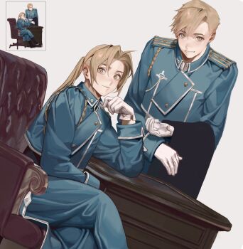 Rule 34 | 2boys, absurdres, ahoge, alphonse elric, amestris military uniform, blonde hair, blue jacket, blue pants, brothers, cbow, closed mouth, commentary request, curtained hair, edward elric, elbow rest, fullmetal alchemist, gloves, highres, jacket, light smile, male focus, multiple boys, pants, ponytail, siblings, sitting, standing, white gloves, yellow eyes