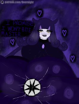 absurdres artist_name ass breasts colored_skin fluids furry gloopie highres huge_ass large_breasts meme monster monster_girl octopus overnight palworld purple_skin signature smile suspicious teeth tentacles