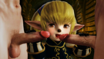 clothed_female_nude_male double_handjob final_fantasy final_fantasy_xi handjob highres nude penis penis_grab ratounador shantotto xnalara