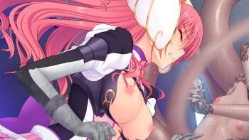 2girls bow breasts breasts_out clenched_hand clenched_teeth closed_eyes dutch_angle en_ciel_rena en_ciel_rena_(sin) from_side game_cg gloves kourin_tenshi_en_ciel_rena large_breasts large_variant_set long_hair multiple_girls nipples non-web_source official_art petrification pink_hair saitou_natsuki small_breasts suhamaya teeth tentacles tomoe_rena torn_clothes variant_set