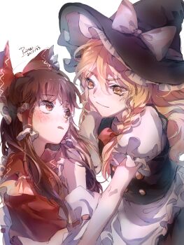 2girls aihara-rina ascot blonde_hair blush bow braid brown_eyes brown_hair chinese_commentary closed_mouth commentary_request dated detached_sleeves eye_contact frilled_bow frilled_hair_tubes frills hair_bow hair_tubes hakurei_reimu hat hat_bow highres kirisame_marisa long_hair looking_at_another multiple_girls puffy_short_sleeves puffy_sleeves red_bow ribbon-trimmed_sleeves ribbon_trim short_sleeves side_braid signature single_braid smile touhou white_bow witch_hat yellow_ascot yellow_eyes yuri