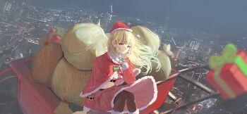 Rule 34 | 1girl, absurdres, aizawa ema, black pantyhose, blonde hair, blue eyes, blurry, blurry foreground, bow, breasts, capelet, christmas, cleavage, commentary request, fur-trimmed capelet, fur trim, green bow, hat, highres, long hair, looking at viewer, night, outdoors, pantyhose, parted lips, red capelet, sack, santa costume, santa hat, sleigh, solo, virtual youtuber, vspo!, yoshida ame