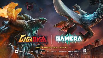 1girl absurdres acrobatics alien all_fours aura backflip blue_electricity body_markings building character_name city claws cloud colored_electricity copyright_name crossover dress electricity embers energy energy_fist engi_(animation_studio) english_text epic_games extendable_body extendable_limbs flower flying forward_flip game_console gamera gamera_(series) gamera_-rebirth- giant giant_monster gigabash glowing glowing_eyes glowing_hand glowing_markings glowing_throat glowing_veins green_eyes guiron highres huge_hands jumping kadokawa kaiju kongkrete living_building mandibles microsoft monster monster_girl motion_blur motion_lines netflix night nintendo nintendo_switch nintendo_switch_2 no_humans official_art overcast passion_republic_games pincers pipijuras plant plasma playstation_4 playstation_5 red_eyes roaring rohanna sea_monster sharp_teeth shell skirt sky smoke sony space_monster sparks steam_(platform) storm storm_cloud stove_(platform) supervillain sword tail teeth tentacles tongue turtle turtle_shell tusks veins video_game vines weapon woolley xbox_series_x