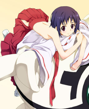 1girl artist_request blue_hair clothing_cutout hip_vent japanese_clothes kamisama_dolls kuga_utao kukuri_(kamisama_dolls) miko purple_eyes robot short_hair source_request tagme topless_female