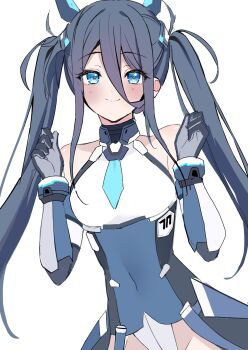 1girl absurdres aris_(armed)_(blue_archive) aris_(blue_archive) battlesuit black_hair blue_archive blue_eyes blue_gloves blue_leotard blush covered_navel elbow_gloves flat_chest gauntlets gloves groin hair_between_eyes highres leotard long_hair long_hair_between_eyes looking_at_viewer multicolored_leotard nakano_kura no_halo smile solo twintails two-tone_leotard white_leotard