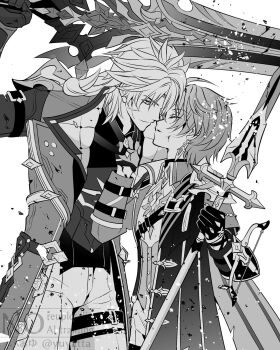 2boys ahoge armor belt belt_collar choker closed_eyes coat collar collared_shirt commentary_request ear_piercing earrings favonius_lance_(genshin_impact) genshin_impact gest_of_the_mighty_wolf_(genshin_impact) gloves greatsword greyscale hair_between_eyes hair_intakes hand_on_another's_chin height_difference highres holding holding_behind_back holding_polearm holding_sword holding_weapon holding_weapon_behind_back jewelry lohen_(genshin_impact) long_sleeves male_focus mole mole_under_eye monochrome multiple_boys open_clothes open_coat pants piercing polearm scar scar_on_face shirt short_hair shoulder_armor single_earring spear sword thigh_strap twitter_username varka_(genshin_impact) weapon white_background yaoi yuyatta