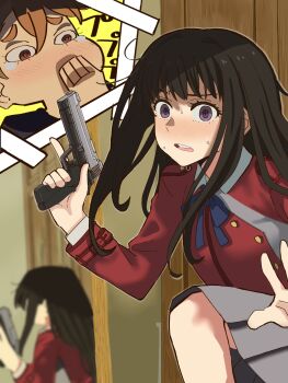 2girls black_hair blue_ribbon brown_eyes brown_hair caught commentary_request cosplay covering_own_mouth dress grey_dress gun handgun highres holding holding_gun holding_weapon indoors inoue_takina laughing long_hair long_sleeves looking_at_viewer lycoris_recoil lycoris_uniform mirror multiple_girls neck_ribbon nishikigi_chisato nishikigi_chisato_(cosplay) open_mouth otome_sakura pleated_dress purple_eyes red_dress reflection ribbon scene_reference smith_&amp;_wesson_m&amp;p squatting sweatdrop tearing_up trigger_discipline two-tone_dress user_fexy5783 weapon