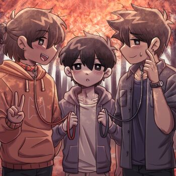 3boys absurdres alternate_costume alternate_hairstyle antenna_hair autumn_leaves black_collar black_eyes black_pants blue_jacket blue_shirt bright_pupils brothers brown_hair closed_mouth collar collarbone collared_jacket commentary day double-parted_bangs ear_piercing english_commentary hair_between_eyes hero_(faraway)_(omori) hero_(omori) highres holding holding_leash hood hood_down hooded_jacket hoodie index_finger_raised jacket kel_(faraway)_(omori) kel_(omori) leaf leash long_sleeves looking_at_viewer male_focus multiple_boys omori open_clothes open_jacket open_mouth orange_hoodie outdoors pants parted_lips piercing ponytail red_collar setosexual shirt short-sleeved_jacket short_hair short_ponytail short_sleeves siblings sunny_(omori) teeth tongue upper_teeth_only v watch white_pupils white_shirt wristwatch