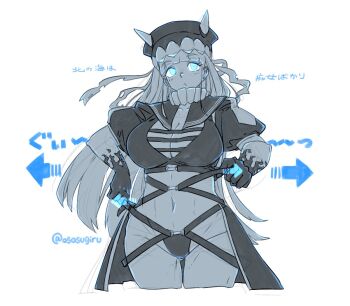 1girl abyssal_ship bare_legs black_gloves black_hat black_sailor_collar blue_eyes breasts cleavage collar commentary_request cowboy_shot gloves glowing glowing_eyes hat horns kantai_collection large_breasts long_hair navel non-treaty_cruiser_water_princess oso_(toolate) pale_skin puffy_short_sleeves puffy_sleeves sailor_collar short_sleeves stomach translation_request twitter_username white_hair