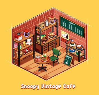 american_flag bacon bilingual_commentary burger cafe chair chansui_(ginping0602) character_doll coffee_grinder coffee_mug coffee_pot commentary_request cup doll drink english_text food food_focus fried_egg frying_pan indoors menu_board mini_flag mixed-language_commentary mug no_humans peanuts_(comic) pixel_art plate salad shelf snoopy stuffed_animal stuffed_bird stuffed_dog stuffed_toy table woodstock yellow_background