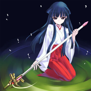 1girl blue_hair borrowed_weapon crossover female_focus furude_rika hakama hakama_skirt higurashi_no_naku_koro_ni hime_cut japanese_clothes kneeling long_hair lyrical_nanoha mahou_shoujo_lyrical_nanoha miko nimu parody purple_eyes raising_heart raising_heart_(buster_mode) red_hakama ripples seiza sitting skirt solo tamura_yukari voice_actor_connection