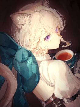 1girl absurdres animal_ear_fluff animal_ears black_background blue_bow bow braid cat_ears cup from_behind genshin_impact grey_hair hashtag-only_commentary highres holding holding_cup holding_saucer huge_bow long_hair long_sleeves looking_at_viewer looking_back lynette_(genshin_impact) man015s purple_eyes saucer solo tea teacup upper_body very_long_hair