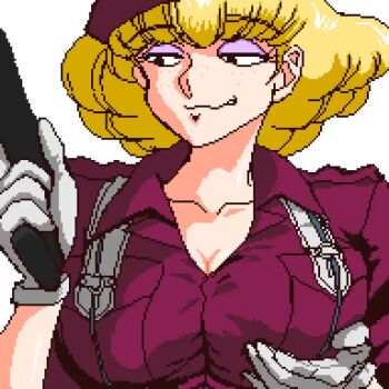 1girl animated beret blonde_hair breasts cleavage collarbone eyeshadow freckles gloves grabbing_own_breast gun hat holding holding_gun holding_weapon irene_sanders large_breasts makeup pixel_art smile solo suna_no_bara tagme video weapon