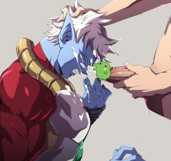 2boys armor blue_skin bodysuit brown_strap censored clenched_teeth closed_eyes colored_skin commentary cum cum_on_body cum_on_fingers cum_on_male cum_on_pectorals cum_on_upper_body dragon_ball dragon_ball_xenoverse facial from_behind gem green_gemstone grey_background grey_wrist_cuffs hand_on_another's_head hand_on_own_penis hands_up large_pectorals long_sleeves looking_down male_focus male_masturbation masturbation mira_(dragon_ball) multiple_boys muscular muscular_male oguri_shun pectorals pointy_ears red_bodysuit short_hair solo_focus standing strap teeth upper_body white_armor white_hair wrist_cuffs yaoi