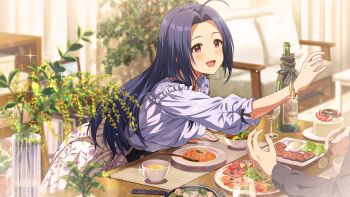 1boy 1girl ahoge blue_shirt blush champagne_bottle commentary_request floral_print floral_print_skirt food game_cg idolmaster idolmaster_(classic) idolmaster_million_live! idolmaster_million_live!_theater_days indoors leaning_forward log miura_azusa official_alternate_costume official_alternate_hair_length official_alternate_hairstyle official_art open_mouth print_skirt purple_eyes shirt skirt table third-party_source white_skirt