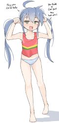 Rule 34 | 1girl, absurdres, ahoge, blue hair, breasts, english text, green eyes, hair between eyes, highres, izumi konata, long hair, lucky star, mole, mole under eye, navel, panties, petite, simple background, small breasts, tank top, twintails, underwear, white background, zlix0n