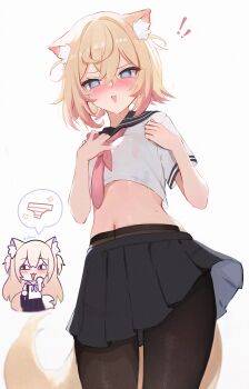 ! !! 2girls @_@ alternate_costume animal_ear_fluff animal_ears black_pantyhose black_sailor_collar black_skirt blonde_hair blue_eyes blush breasts chibi chibi_inset clothes_lift cowboy_shot cropped_shirt crossed_bangs dog_ears dog_girl dog_tail double-parted_bangs embarrassed from_below fuwawa_abyssgard hair_between_eyes hands_up high-waist_pantyhose highres hololive hololive_english koahri long_hair looking_at_viewer looking_down midriff mococo_abyssgard multicolored_hair multiple_girls navel neckerchief open_mouth panties pantyhose pink_hair pink_neckerchief pleated_skirt sailor_collar school_uniform shirt short_hair short_sleeves skirt skirt_lift small_breasts solo_focus speech_bubble spoken_object standing streaked_hair striped_clothes striped_panties sweat tail two_side_up underwear virtual_youtuber white_background white_shirt wind wind_lift