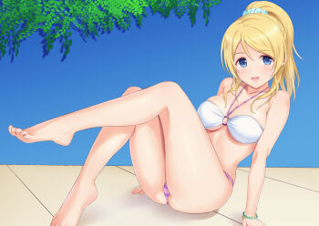 Rule 34 | 1girl, :d, arm support, ayase eli, bare arms, bare legs, bare shoulders, barefoot, bikini, blonde hair, blue background, blue eyes, blue scrunchie, blush, breasts, feet, female focus, hair between eyes, hair ornament, hair scrunchie, high ponytail, leg up, long hair, love live!, love live! school idol festival, love live! school idol project, medium breasts, n.g., open mouth, ponytail, scrunchie, sitting, smile, solo, striped bikini, striped bikini bottom, striped clothes, swimsuit, toenails, white bikini