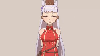 1girl animal_ears animated animated_gif armband arms_behind_back bag bare_shoulders belt blunt_bangs bouncing_breasts bow breasts brown_bag brown_belt brown_hat buttons closed_eyes darling_in_the_franxx double-breasted dress ear_bow facing_viewer gloves gold_ship_(umamusume) grey_background hat horse_ears horse_girl large_breasts long_hair martin_(tuxedopato) open_mouth pillbox_hat purple_bow red_armband red_bow red_dress scene_reference simple_background sleeveless sleeveless_dress smile solo straight-on umamusume upper_body white_gloves white_hair