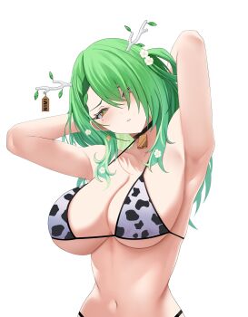 1girl absurdres animal_print antlers armpits bikini black_bikini blush breasts ceres_fauna commentary cow_print cow_print_bikini cowboy_shot english_commentary green_hair highres hololive hololive_english horns large_breasts long_hair mole mole_under_eye multicolored_bikini print_bikini si_farid simple_background solo swimsuit two-tone_bikini upper_body virtual_youtuber white_background white_bikini yellow_eyes