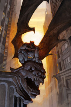 1boy batman batman_(series) black_male_underwear bodysuit building city dc_comics erik_gist grey_bodysuit highres male_underwear outdoors skyscraper solo squatting sunset underwear