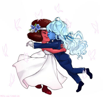 Rule 34 | ahoge, big hair, blue flower, blue hair, blue jacket, blue pants, blue ribbon, blue shoes, blue skin, blue suit, boots, bug, butterfly, closed eyes, closed mouth, colored skin, commentary, couple, dress, english commentary, eyelashes, flower, formal clothes, gem (symbol), gloves, hair over eyes, hair ribbon, headband, highres, hug, insect, jacket, lips, long hair, official alternate costume, pants, pastel-lulu, red boots, red hair, ribbon, ruby (steven universe), sapphire (steven universe), shoes, short hair, simple background, smile, spoilers, steven universe, suit, suit jacket, wavy hair, white background, white dress, white gloves, white headband, wife and wife, yuri