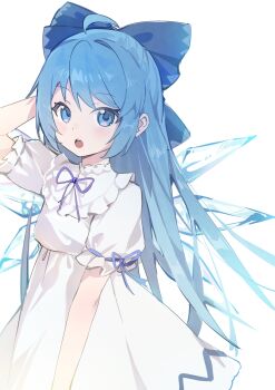 1girl ahoge alternate_costume blue_bow blue_eyes blue_hair bow cirno commentary detached_wings dress hair_bow highres ice ice_wings long_hair neck_ribbon open_mouth puffy_short_sleeves puffy_sleeves purple_ribbon ribbon short_sleeves simple_background siyumu solo touhou very_long_hair white_background white_dress wings