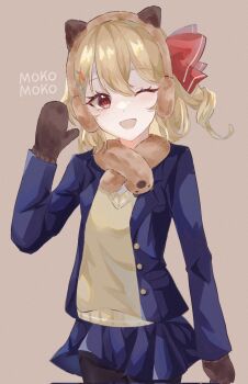 Rule 34 | 1girl, alternate costume, animal ear headphones, animal ears, black pantyhose, blonde hair, blue jacket, blue skirt, brown background, brown mittens, carin (c arin1012), commentary request, corrupted twitter file, fake animal ears, flandre scarlet, headphones, highres, jacket, miniskirt, missing wings, mittens, one eye closed, open clothes, open jacket, open mouth, pantyhose, red eyes, school uniform, skirt, smile, solo, sweater, touhou, yellow sweater