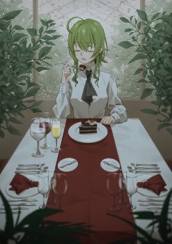 ahoge animal_ears ascot black_ascot breasts cake collared_shirt commentary cream cup dining_room drinking_glass earrings food fruit green_hair greenhouse gumi hand_up highres holding holding_spoon jewelry knife long_sleeves medium_breasts medium_hair parted_lips plant plate shirt sidelocks single_earring spoon strawberry table tablecloth vocaloid water_drop wet white_shirt wine_glass wounds404