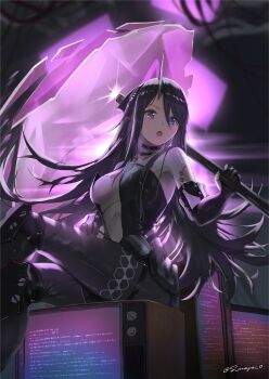 1girl absurdres android black_bodysuit black_gloves black_hair blue_eyes bodysuit commentary_request crossed_legs crt elbow_gloves girls'_frontline girls'_frontline_2:_exilium gloves hair_between_eyes highres holding holding_weapon horns knee_pads long_hair looking_at_viewer open_mouth phaetusa_(girls'_frontline_2) s-masa_7131 sangvis_ferri single_horn sitting solo weapon