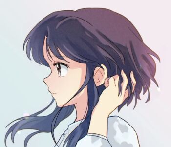 Rule 34 | 1girl, blue hair, brown eyes, closed mouth, commentary, from side, hand in own hair, portrait, protected link, ranma 1/2, short hair with long locks, solo, tagme, tendou akane, tokito rk, untranslatable commentary