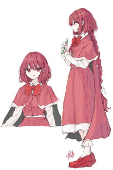 1girl absurdres bobby_socks bow bowtie braid braided_ponytail cloak commentary highres kashiwada_kiiho long_hair long_sleeves looking_ahead looking_at_viewer multiple_views okazaki_yumemi red_bow red_bowtie red_cloak red_eyes red_hair red_shoes red_skirt red_vest shirt shoes signature simple_background skirt smile socks touhou touhou_(pc-98) very_long_hair vest white_background white_shirt white_socks