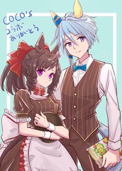 Rule 34 | 2girls, animal ears, apron, blue bow, blue bowtie, blue eyes, blue hair, bow, bowtie, braid, breasts, brown hair, brown pants, brown shirt, brown skirt, brown vest, closed mouth, coco's, collared shirt, commentary request, daiichi ruby (umamusume), drill hair, drill sidelocks, ear covers, gogono pan'ya, hair between eyes, hair bow, hair ornament, highres, holding, holding menu, holding tray, horse ears, horse girl, horse tail, k.s.miracle (umamusume), long hair, long sleeves, looking at viewer, menu, multiple girls, pants, ponytail, purple eyes, red bow, shirt, short hair, side drill, sidelocks, skirt, smile, tail, tray, twin drills, umamusume, vest, waist apron, white apron, white shirt