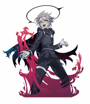 Rule 34 | 1boy, absurdres, abura 99, aotsuki eito, belt, black cloak, black halo, black jacket, black pants, blood, cloak, commentary request, cropped legs, evil grin, evil smile, eyeliner, gakuran, glasses, gloves, grey hair, grin, halo, highres, hole in chest, hole on body, jacket, last defense academy school uniform, looking at viewer, makeup, male focus, official alternate hairstyle, open mouth, pants, pink blood, purple eyes, red eyeliner, school uniform, short hair, simple background, smile, solo, spoilers, the hundred line -last defense academy-, white background, white belt, white gloves
