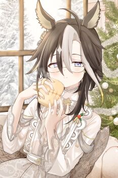 1girl animal_ears black_hair blue_eyes blush bow brown_hair christmas_ornaments christmas_tree closed_mouth cup dream_journey_(snow-white_dreamland)_(umamusume) dream_journey_(umamusume) dress eyewear_strap glasses hair_between_eyes hair_bun highres holding holding_cup horse_ears horse_girl long_hair long_sleeves looking_at_viewer multicolored_hair official_alternate_costume pof_(peuplierpof) smile solo umamusume white_bow white_dress white_hair white_streaks