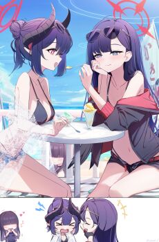 +_+ 3girls absurdres bare_shoulders bikini black_bikini black_hair black_jacket black_one-piece_swimsuit black_wings blue_archive blunt_bangs chiaki_(blue_archive) closed_mouth demon_girl demon_horns eyewear_on_head feathered_wings feeding food hair_bun halo highres holding holding_spoon horns ichika_(blue_archive) ichika_(swimsuit)_(blue_archive) jacket justice_task_force_member_(blue_archive) long_hair multiple_girls navel one-piece_swimsuit open_mouth parfait red_eyes red_halo s_panda_k see-through_clothes see-through_shirt shirt sitting smile spoon stomach sunglasses swimsuit whispering_in_ear wings