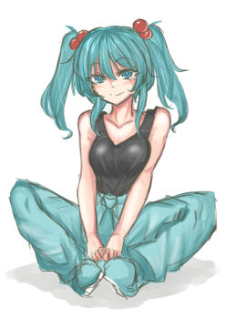 Rule 34 | 1girl, absurdres, aqua eyes, aqua hair, aqua pants, black tank top, breasts, closed mouth, collarbone, commentary, full body, hair bobbles, hair ornament, highres, indian style, kawashiro nitori, kuraki, looking at viewer, medium hair, pants, simple background, sitting, smile, solo, tank top, touhou, two side up, white background