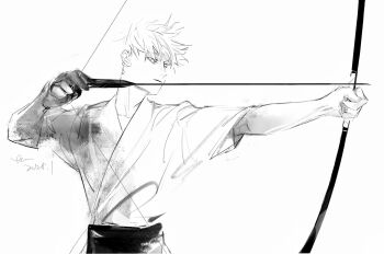 Rule 34 | 1boy, archery, arrow (projectile), artistguillotine, bow (weapon), chinese commentary, closed mouth, commentary request, dated, gojou satoru, greyscale, highres, holding, holding bow (weapon), holding weapon, japanese clothes, jujutsu kaisen, kimono, kyuudou, monochrome, short hair, short sleeves, signature, simple background, sketch, solo, upper body, weapon, white background, yumi (bow)
